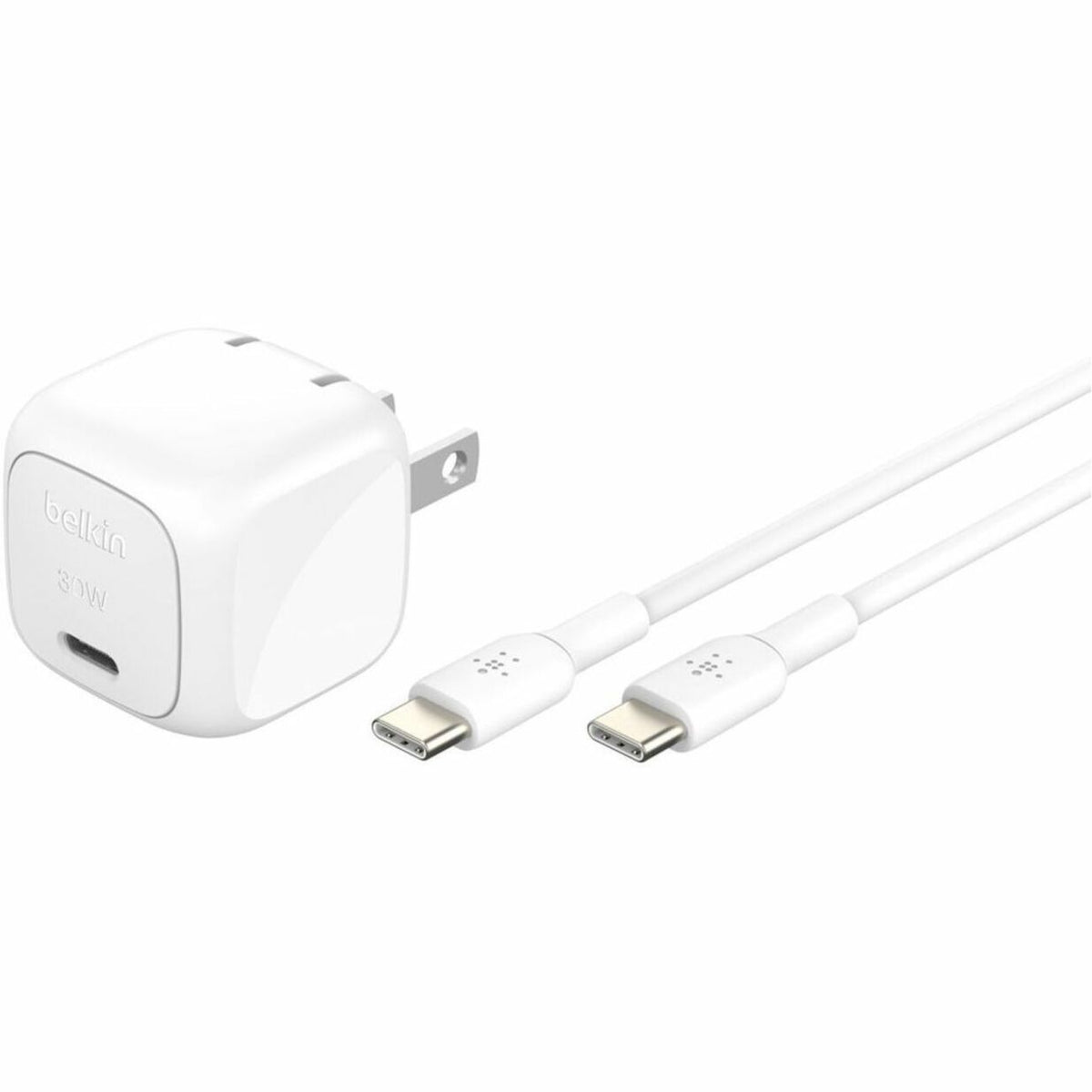 Belkin 30W Portable USB-C Wall Charger - 1xUSB-C (30W) - Fast Charge - Power Adapter w/ USB-C to USB-C Cable - White - WCA008DQ1MWH-B6