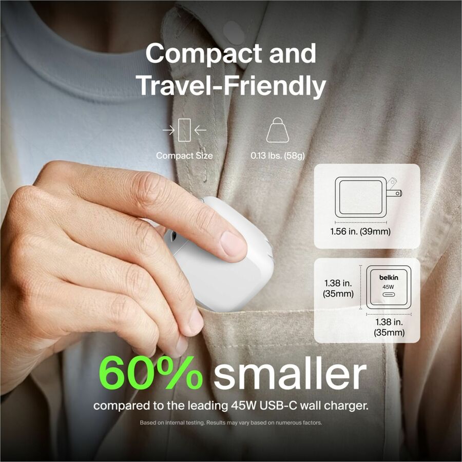 Belkin 45W Portable USB-C Wall Charger - 1xUSB-C (45W) - Fast Charge - Power Adapter - White - WCA013dqWH