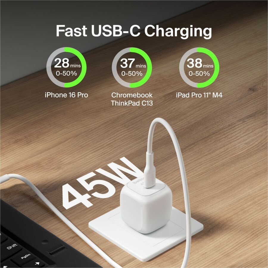 Belkin 45W Portable USB-C Wall Charger - 1xUSB-C (45W) - Fast Charge - Power Adapter - White - WCA013dqWH