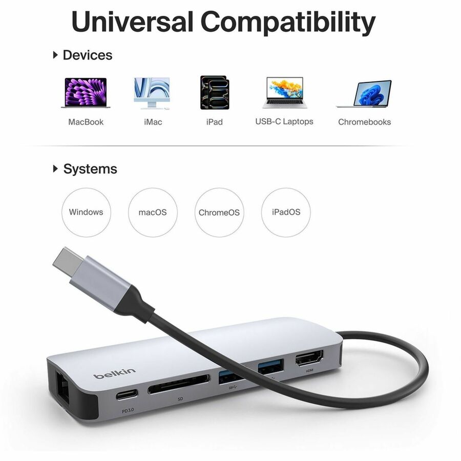 Belkin 6-Port USB-C Hub - USB-C to 2xUSB-A, 1xUSB-C, 1xEthernet, 1x8K HDMI, 1xSD Reader - Docking Station - Grey - AVC008fqSGY-V2