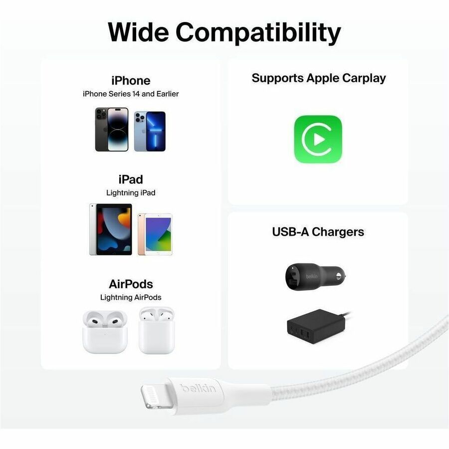 Belkin Braided USB-A Cable With Lightning Connector, 3.3ft/1m, White - CAA020fq1MWH