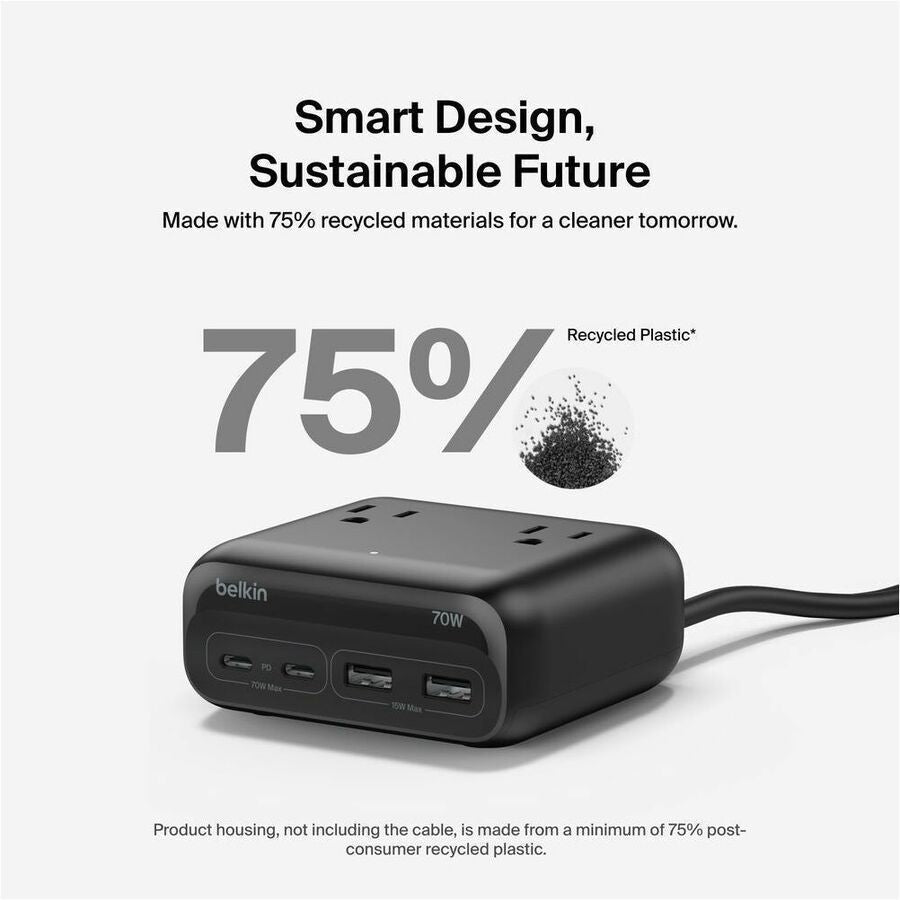 Belkin 3-Outlet Charging Station w/ 2x USB-A & 2x USB-C Ports 70W - 5ft/1.5m Cord - Straight Plug - Black - SRZ001tt5