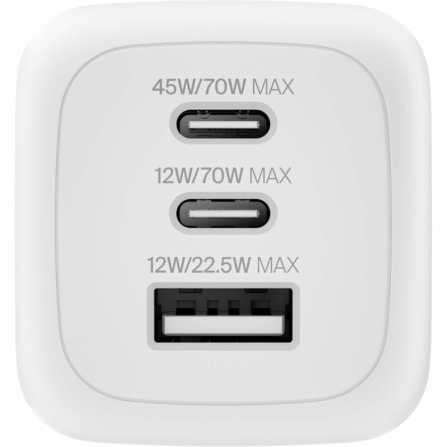 Belkin 70W GaN 3-Port USB Wall Charger - 1xUSB-A, 2xUSB-C - Foldable Prongs - Power Adapter - White - WCH018dqWH