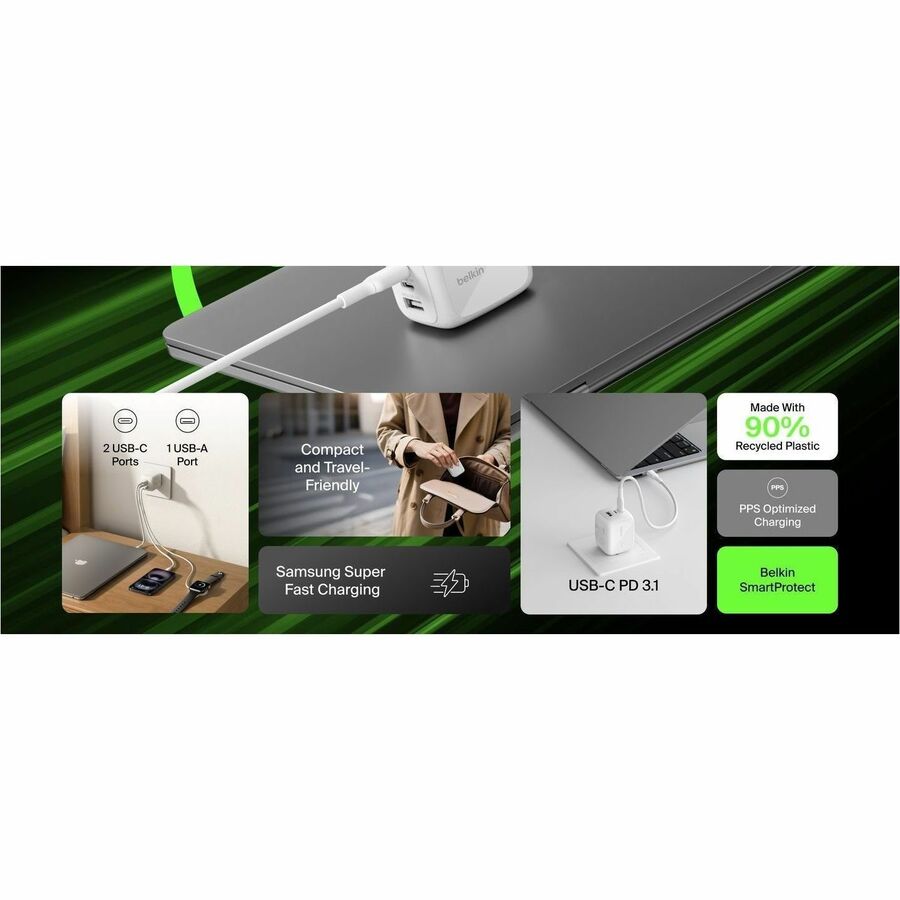 Belkin 70W GaN 3-Port USB Wall Charger - 1xUSB-A, 2xUSB-C - Foldable Prongs - Power Adapter - White - WCH018dqWH