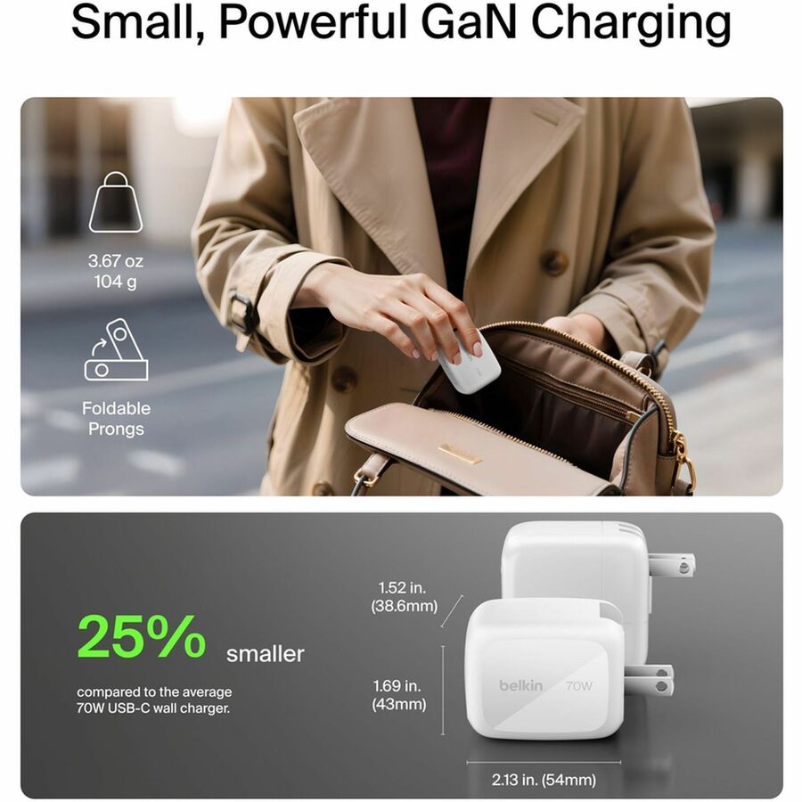 Belkin 70W GaN 3-Port USB Wall Charger - 1xUSB-A, 2xUSB-C - Foldable Prongs - Power Adapter - White - WCH018dqWH