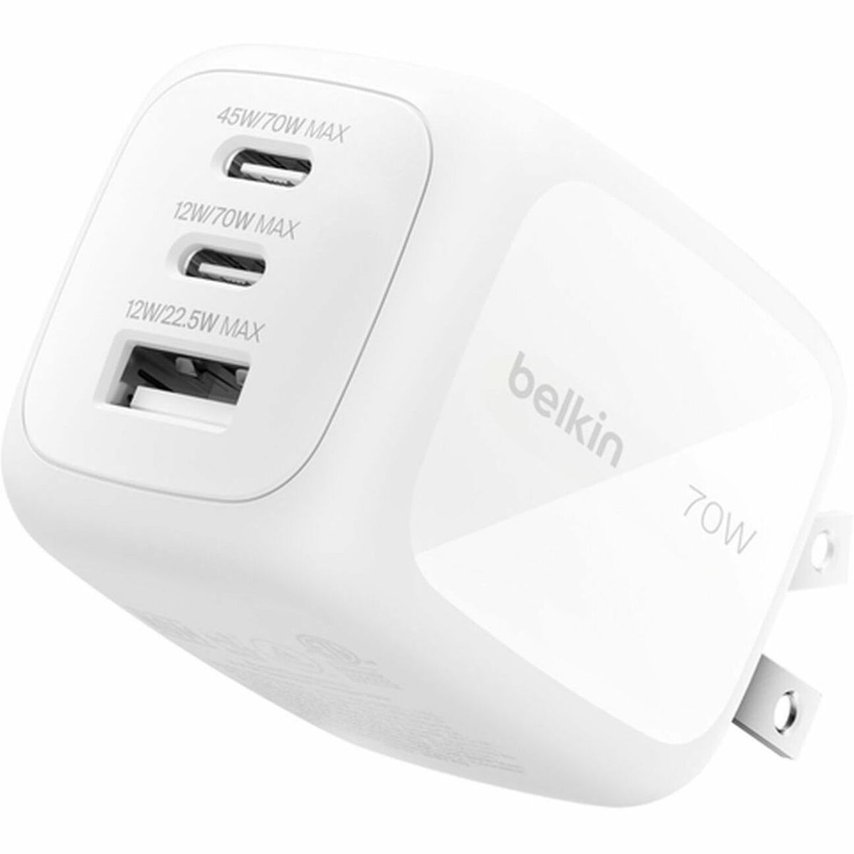 Belkin 70W GaN 3-Port USB Wall Charger - 1xUSB-A, 2xUSB-C - Foldable Prongs - Power Adapter - White - WCH018dqWH