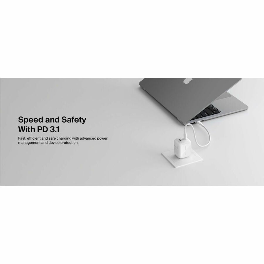 Belkin 70W GaN 3-Port USB Wall Charger - 1xUSB-A, 2xUSB-C - Foldable Prongs - Power Adapter - White - WCH018dqWH