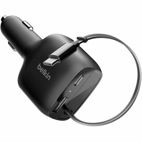 Belkin 75W Dual Port USB Car Charger - 1xUSB-A, 1xUSB-C w/ Retractable USB-C Cable - Black - CCC001fqBK