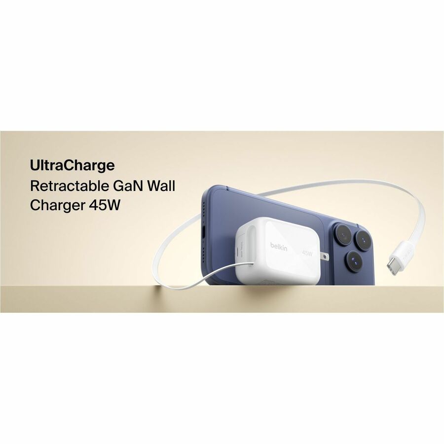 Belkin UltraCharge Retractable GaN Wall Charger 45W, White - WCH023dqWH