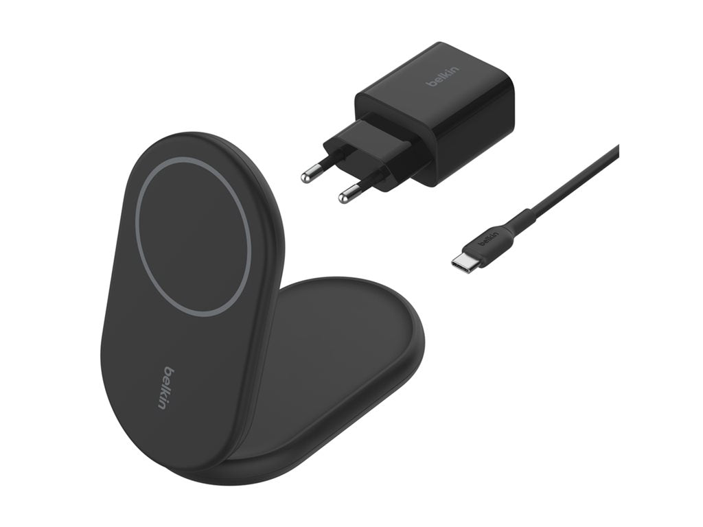 Belkin BoostCharge - Wireless charging stand - magnetic, foldable, with Qi2 + AC power adapter - 15 Watt - 3 A - Fast Charge, WIB007TTBK