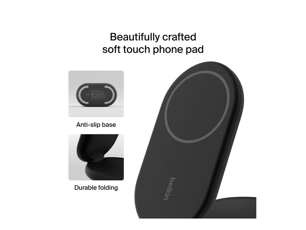 Belkin - Wireless charging stand - magnetic, foldable, with Qi2 + AC power adapter - 15 Watt - Fast Charge - black WIZ028TTBK