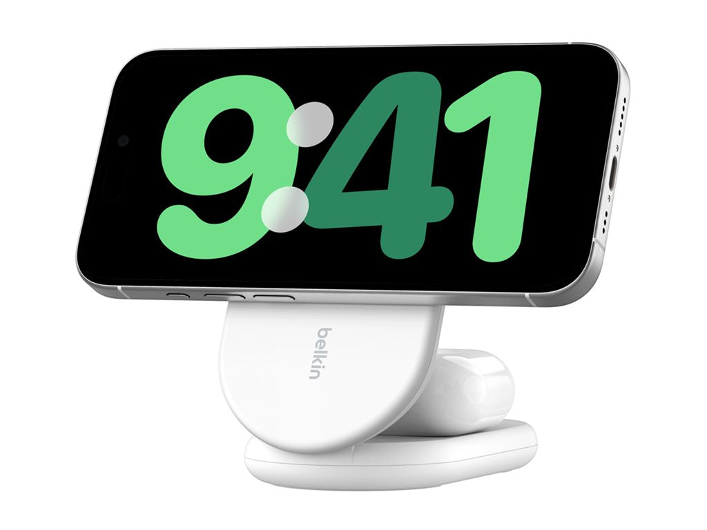 Belkin - Wireless charging stand - magnetic, foldable, with Qi2 + AC power adapter - 15 Watt - Fast Charge - white WIZ028TTWH