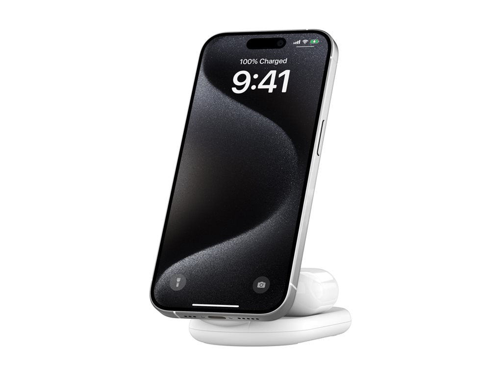 Belkin - Wireless charging stand - magnetic, foldable, with Qi2 + AC power adapter - 15 Watt - Fast Charge - white WIZ028TTWH